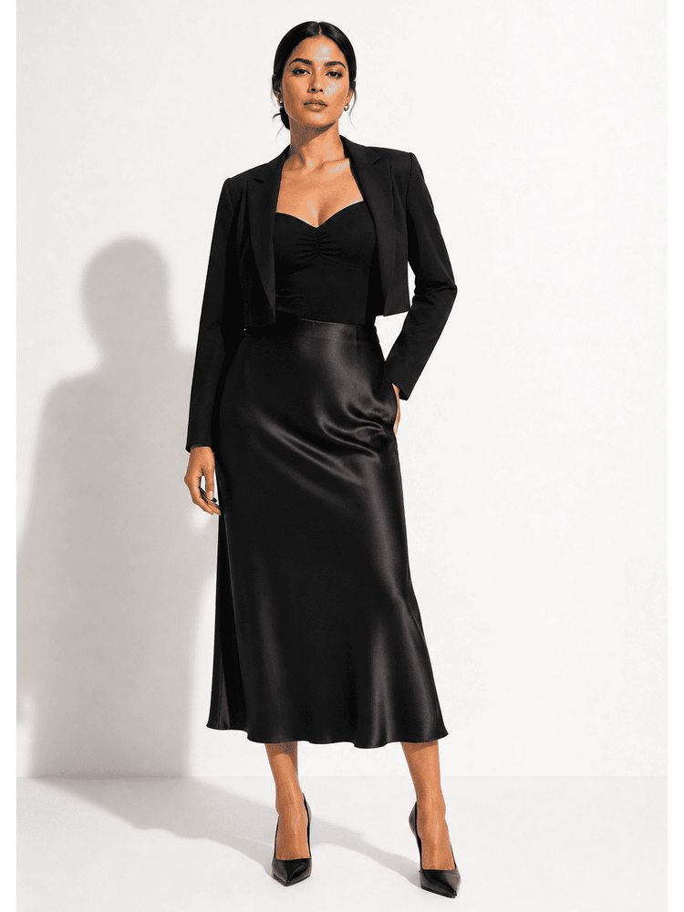 A woman modeling a black satin midi skirt with a matching black cropped blazer, a black sweetheart bodysuit, and black pointed-toe heels against a white studio background.