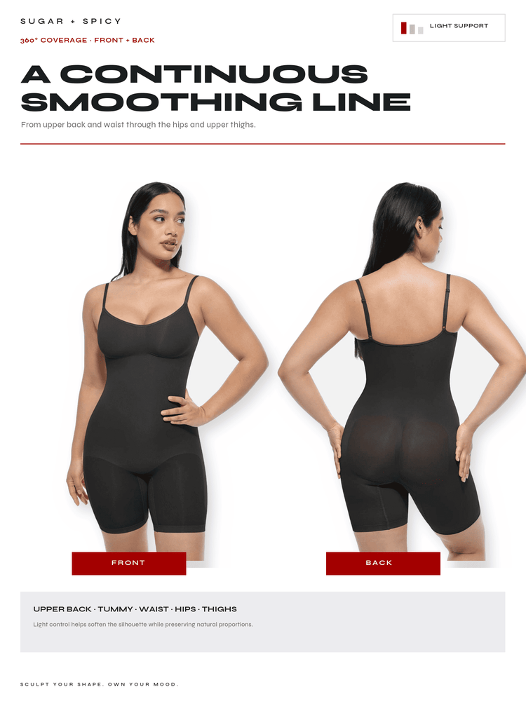 A promotional product image showing a woman modeling a black shapewear bodysuit from both front and back views on a white background. The image includes marketing text at the top and bottom highlighting continuous smoothing and support.