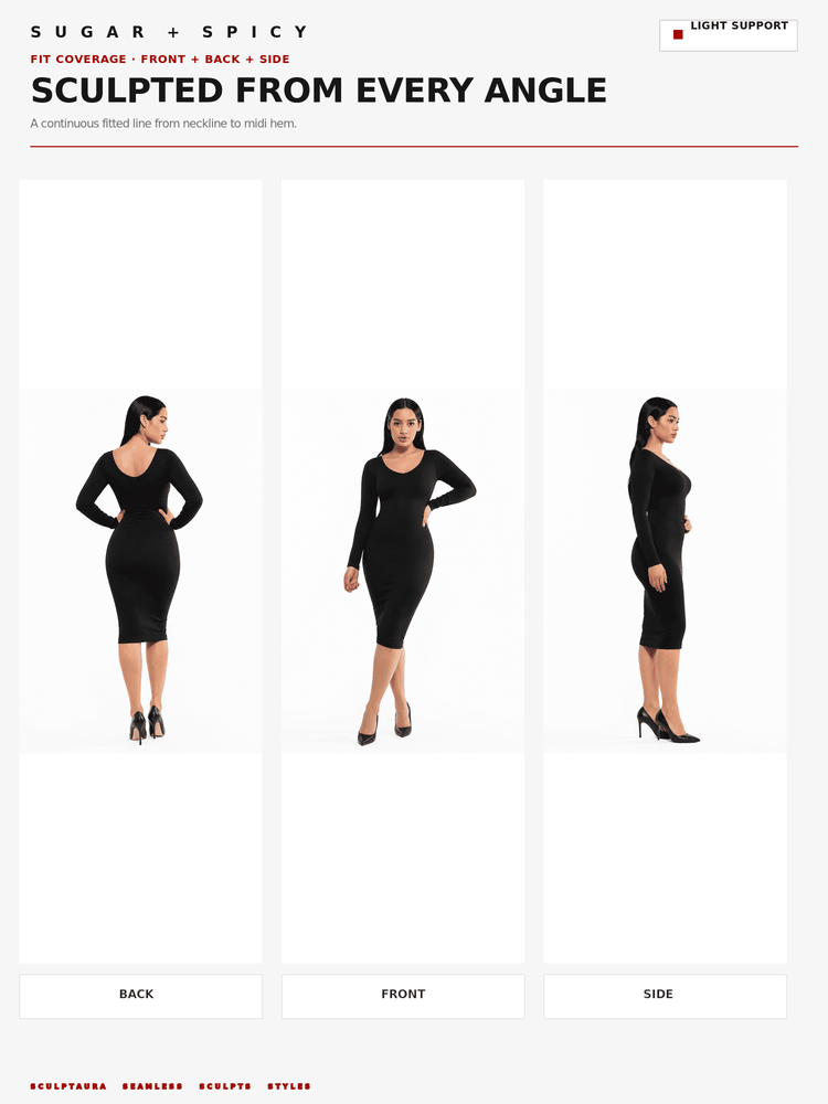 A product fit chart for the Sugar + Spicy 'Sculpted from Every Angle' black bodycon dress, showing three views of a model wearing the dress from front, back, and side on a white background.