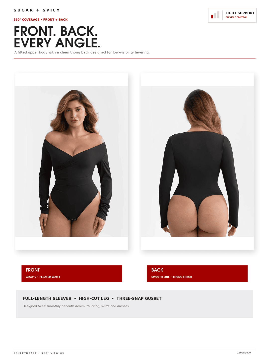 A catalog page showing a black long-sleeve high-cut bodysuit on a model, with front and back views side by side. The page includes text describing the fit and features, and red label bars under each view.