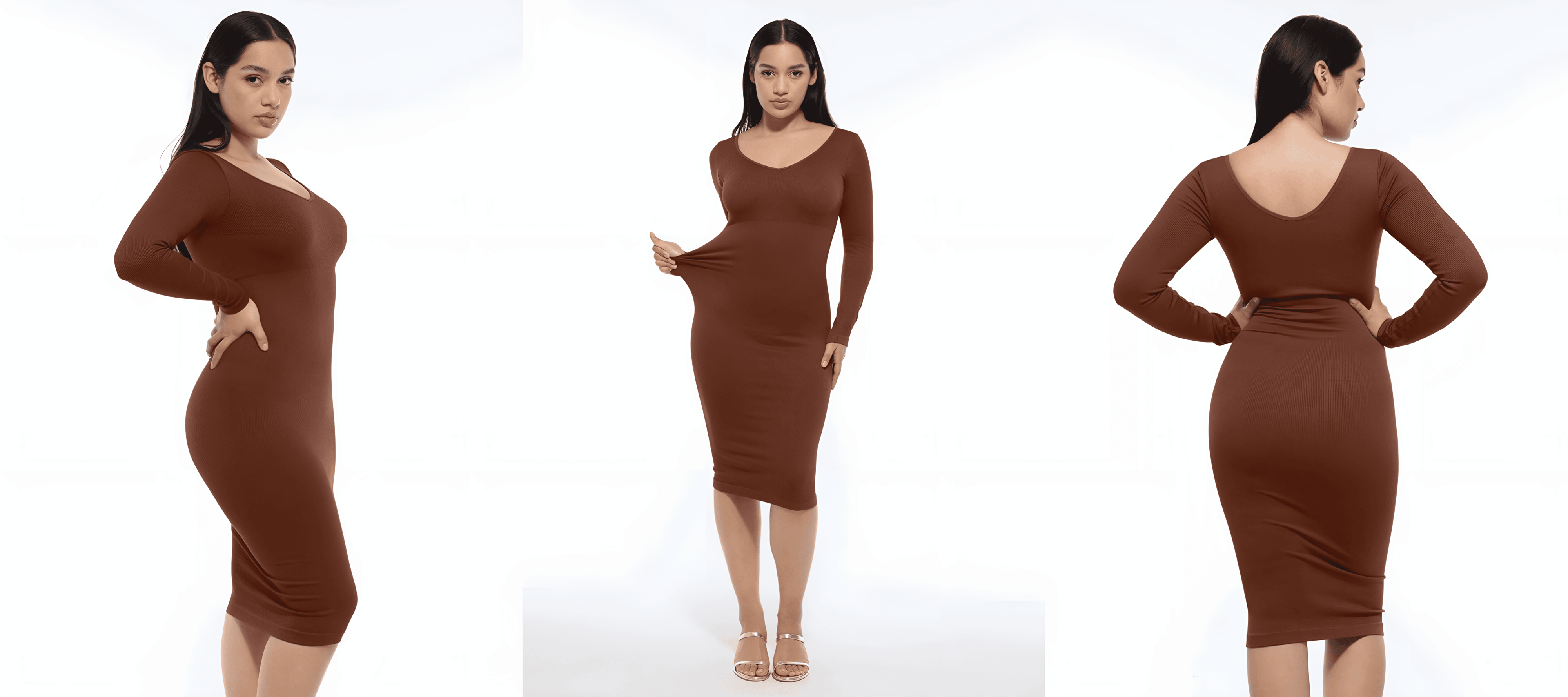Woman modeling a fitted brown long-sleeve midi dress from front, side, and back views on a white background