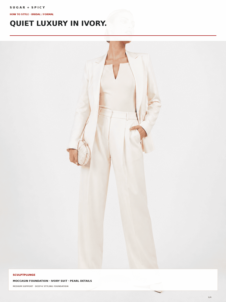 A model wears an ivory two-piece suit consisting of a blazer and matching wide-leg trousers, paired with a matching V-neck top and holding a small textured clutch against a clean white background.