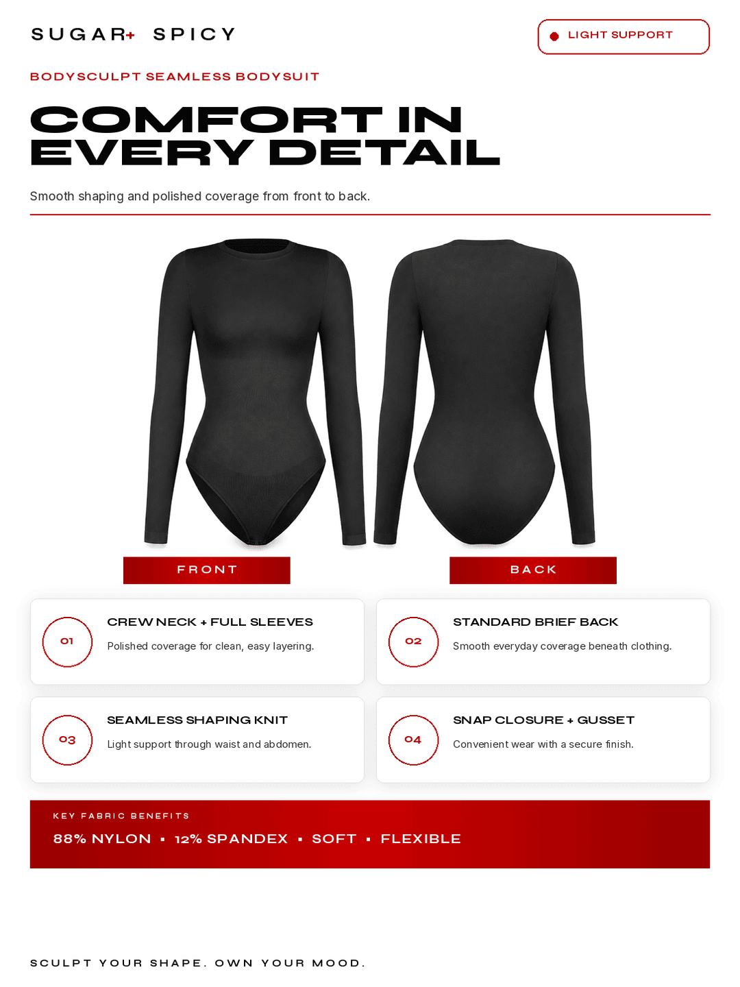BodySculpt Seamless Long Sleeve Bodysuit with front and back view showcasing smooth shaping and sleek design.