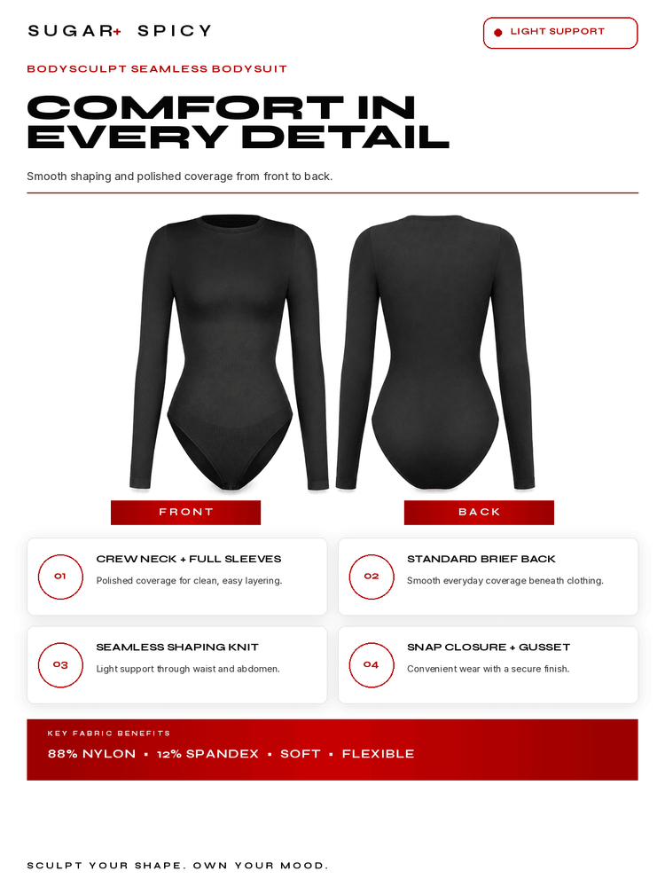 BodySculpt Seamless Long Sleeve Bodysuit with front and back view showcasing smooth shaping and sleek design.