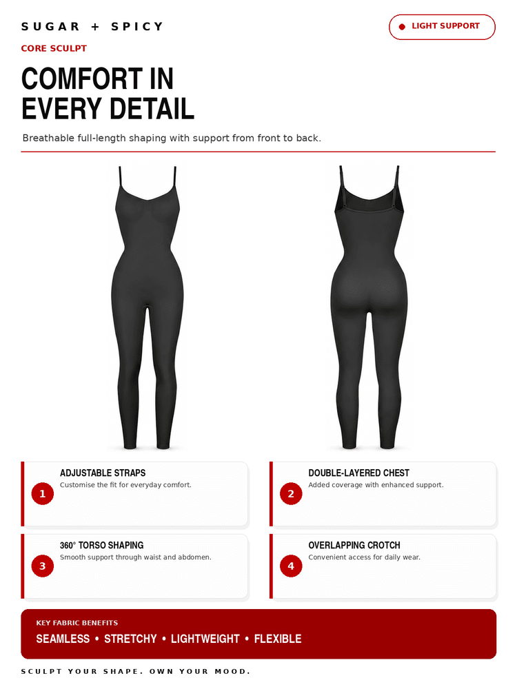 A promotional infographic for a black full-length shapewear bodysuit, showing front and back views on a white background with text callouts about adjustable straps, double-layered chest, torso shaping, and crotch design.