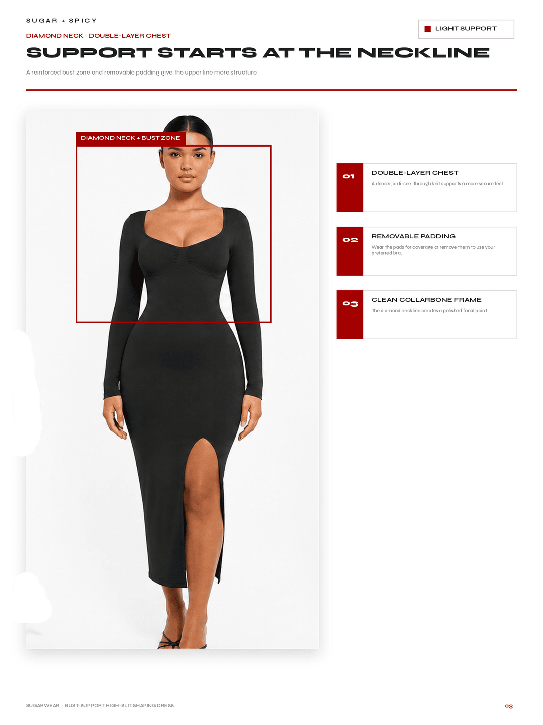 A catalog page showing a model wearing a black long-sleeve double-layered neck dress with a thigh-high slit, alongside feature callouts and text about support starting at the neckline.