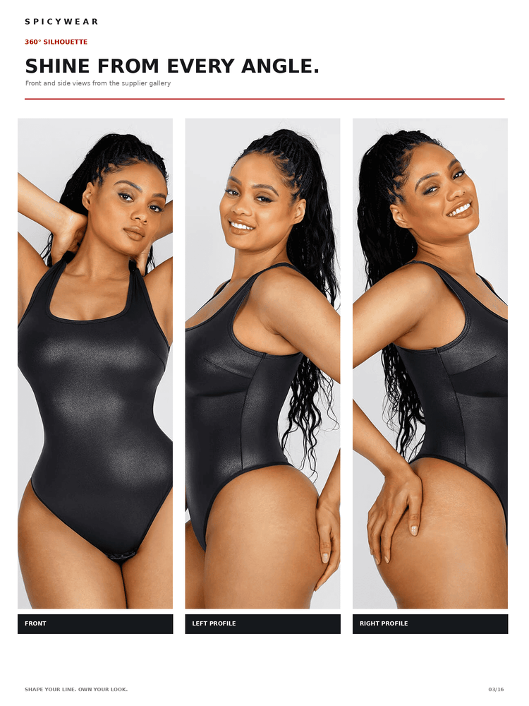 Three-panel editorial photo of a model wearing a black satin-like one-piece swimsuit from front, left profile, and right profile views on a white page with the text 'SPICYWEAR' and 'SHINE FROM EVERY ANGLE.'.