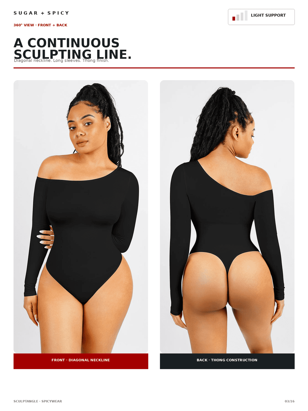 A model wears a black off-the-shoulder long-sleeve bodysuit shown from both front and back against a light gray studio background. The layout includes text headings, product labels, and color bars.