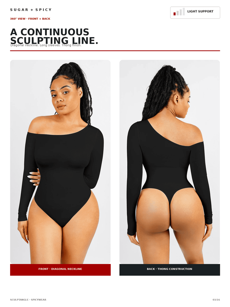 A model wears a black off-the-shoulder long-sleeve bodysuit shown from both front and back against a light gray studio background. The layout includes text headings, product labels, and color bars.