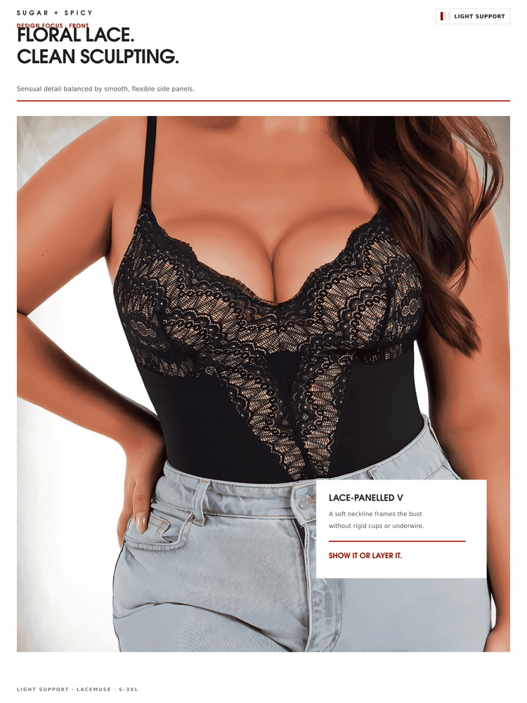 A model wearing a black floral lace-panelled V-neck bodysuit with thin straps and light-wash jeans, shown in a catalog-style layout with text callouts.