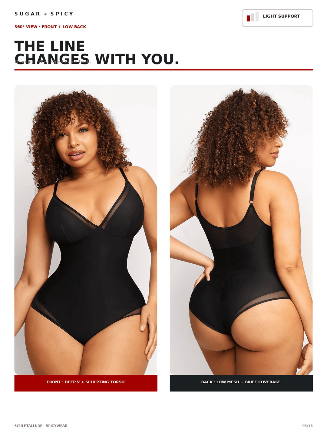 A catalog page showing a plus-size model wearing a black one-piece bodysuit from the front and back against a light gray studio background. The page includes text such as &