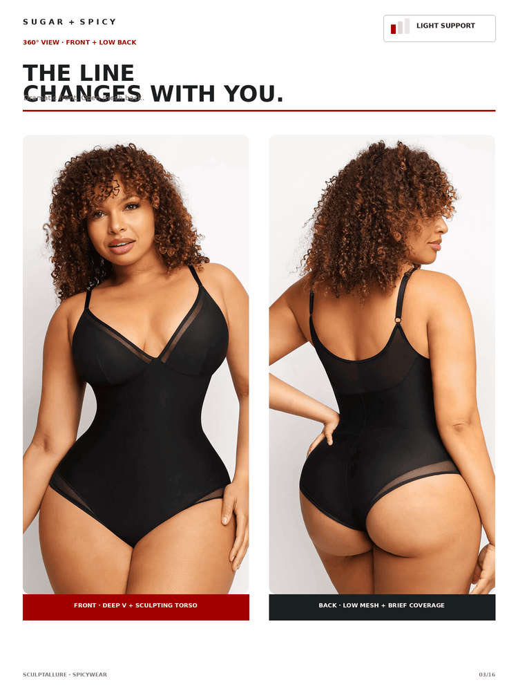 A catalog page showing a plus-size model wearing a black one-piece bodysuit from the front and back against a light gray studio background. The page includes text such as 'THE LINE CHANGES WITH YOU.