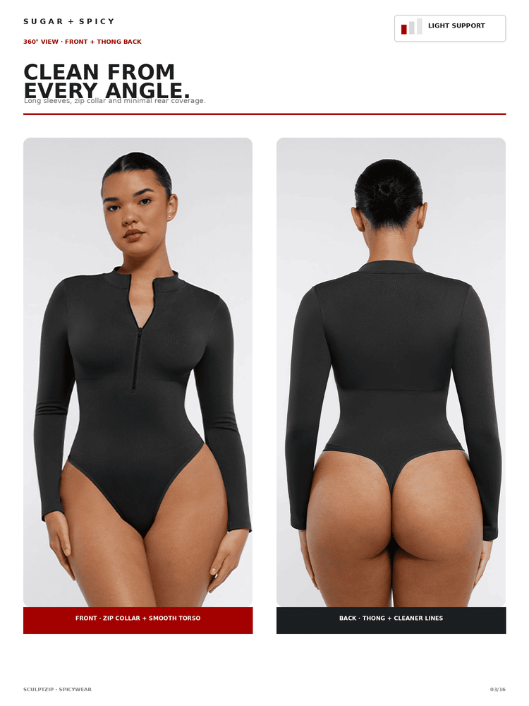 A model shown in front and back views wearing a long-sleeve black bodysuit with a half-zip front and high-cut legs. The image is a catalog layout with text callouts and a white background.