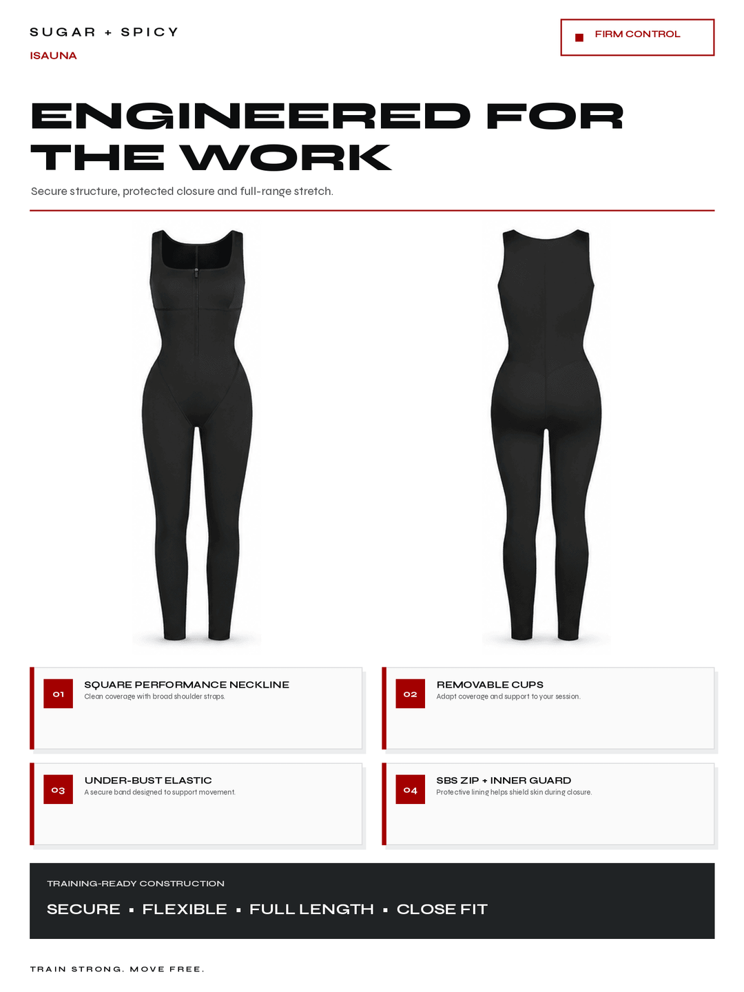 A product information graphic for the Sauna black ribbed tank top. The graphic features front and back views of the black tank top, with feature callouts below detailing its square performance neckline, removable cups, under-bust elastic, and 888 zip inner guard.