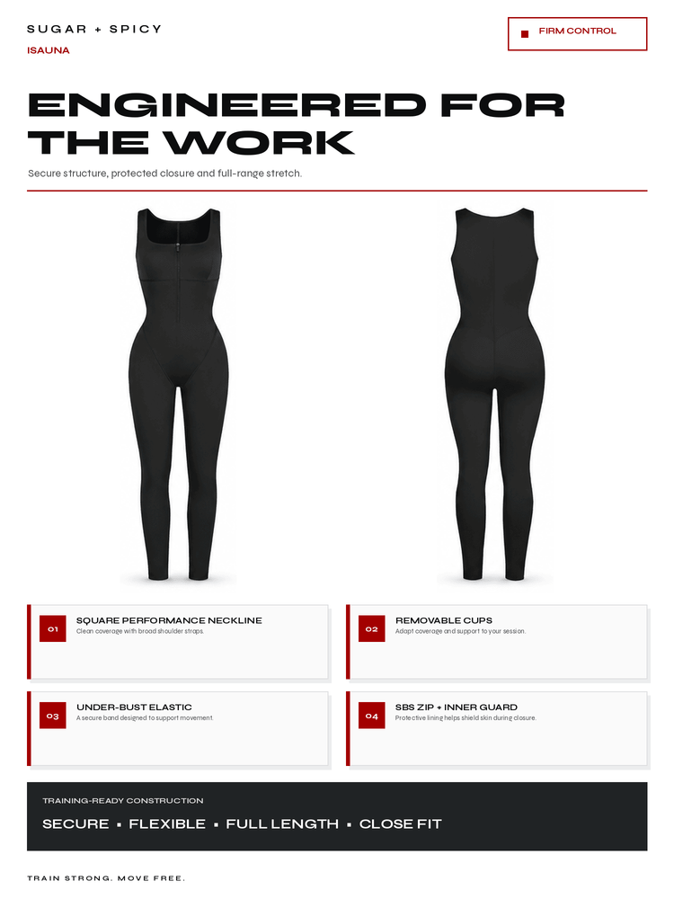 A product information graphic for the Sauna black ribbed tank top. The graphic features front and back views of the black tank top, with feature callouts below detailing its square performance neckline, removable cups, under-bust elastic, and 888 zip inner guard.