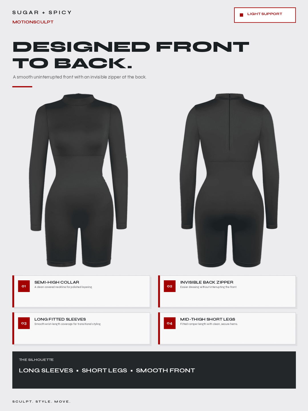 A product infographic for a black long-sleeve short-leg bodysuit, showing front and back views on a light gray background with feature callouts and text such as &