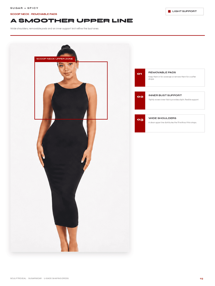 A promotional product page for a black scoop neck removable pad on a model, showing the product applied with a red outline box labeled 'Scoop Neck Removable Pad' and feature callouts on the right side.