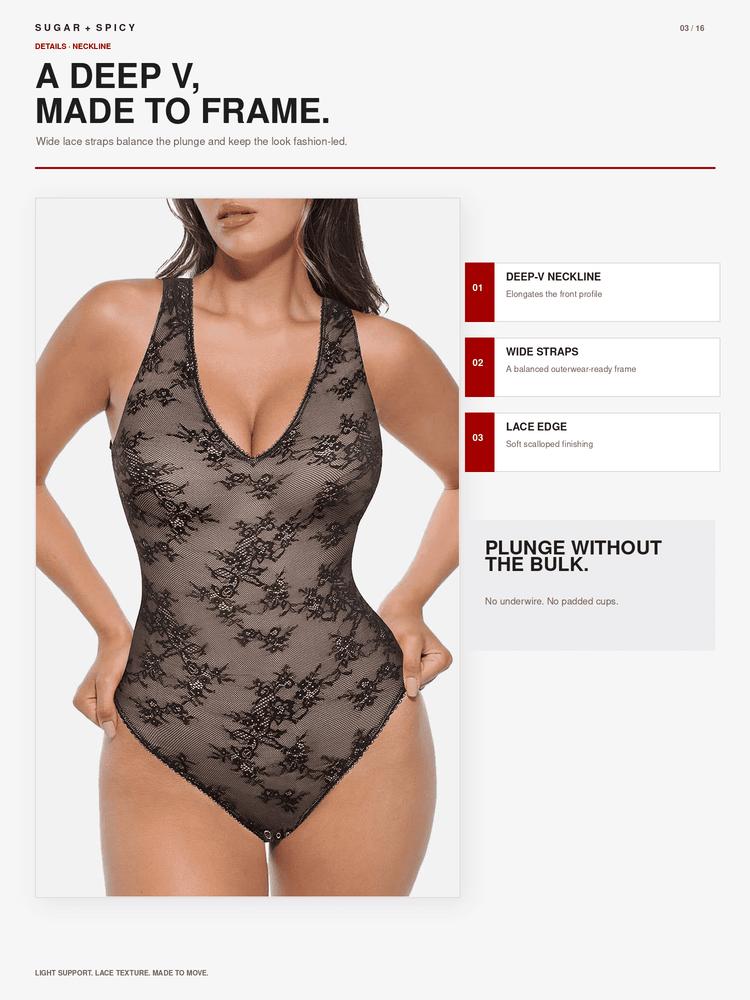 A model wears a sheer black lace bodysuit with a deep V-neckline and wide straps on a white product information page with feature callouts.