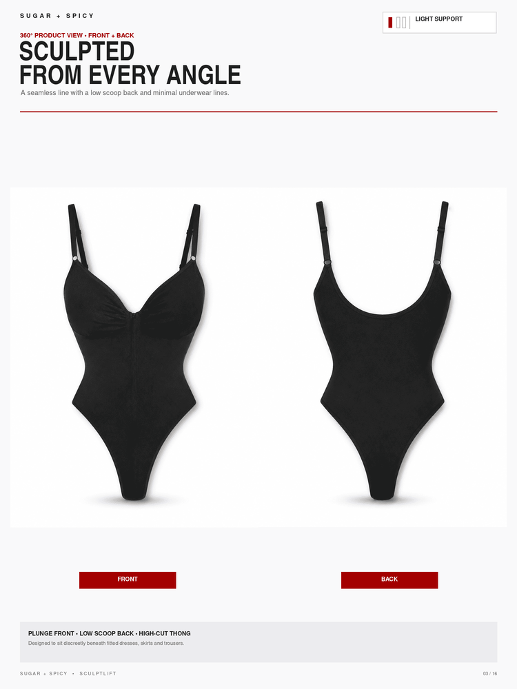 A black scoop-neck bodysuit shown from both front and back views on a white webpage layout with text headings and red labels.