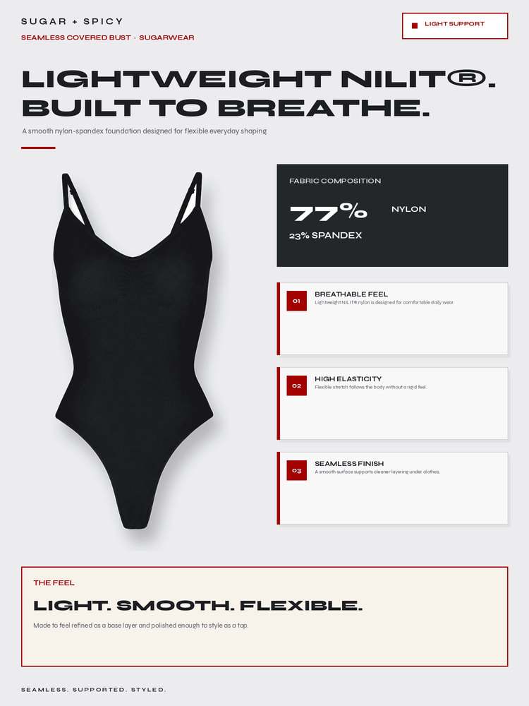 A promotional product graphic for a black one-piece swimsuit. The image includes the swimsuit on a light gray background, large marketing text reading 'LIGHTWEIGHT NILIT BUILT TO BREATHE,' a fabric composition panel showing 77% nylon and 23% spandex, feature callouts, and a footer with 'LIGHT.