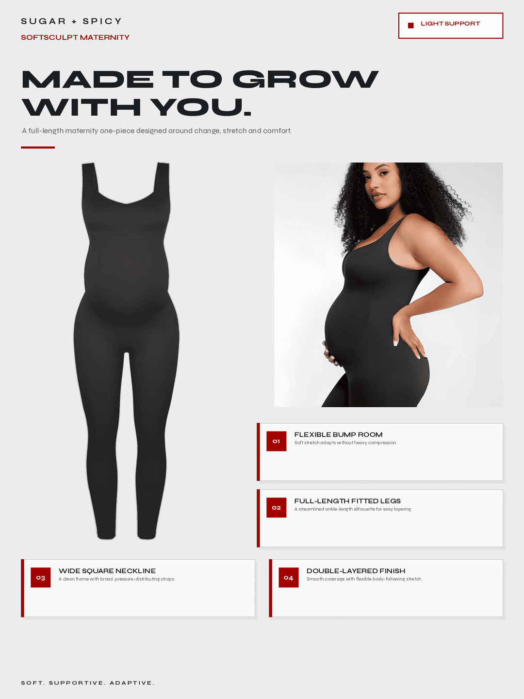 A maternity bodysuit in black, shown both as a flat product silhouette and modeled by a pregnant woman. The image is a marketing infographic with text highlighting features like flexible bump room, full-length fitted legs, wide square neckline, and double-layered finish.