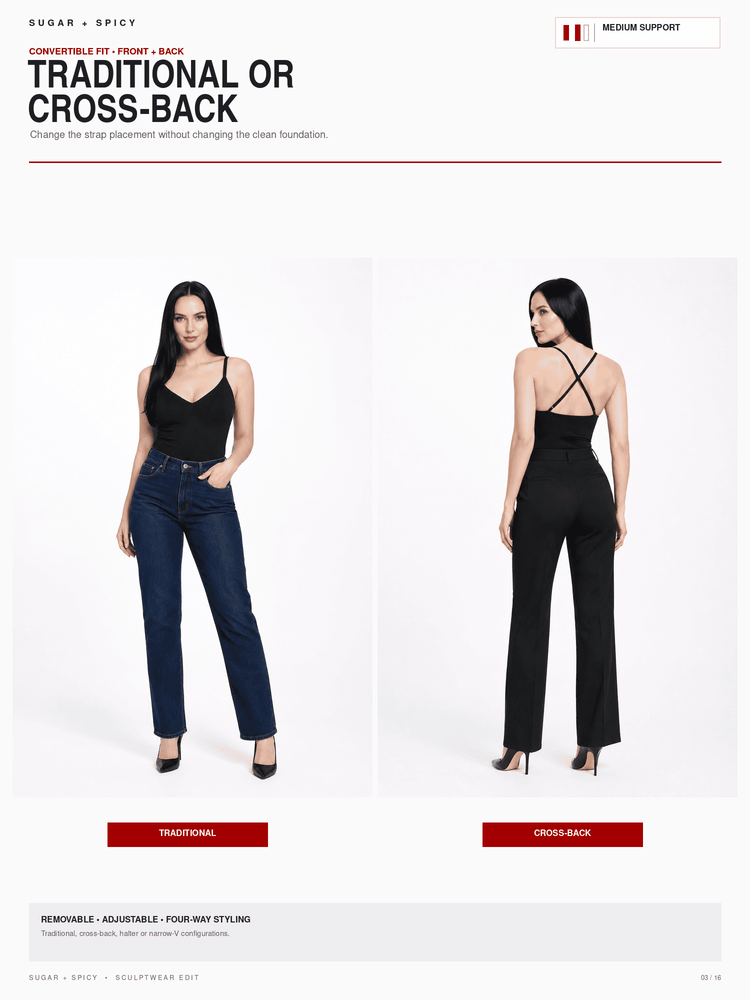 A catalog page showing a model wearing a black spaghetti-strap jumpsuit from the front and back, styled with dark blue jeans and black heels. The page includes text describing the product as 'Traditional or Cross-Back' and features a clean white background.