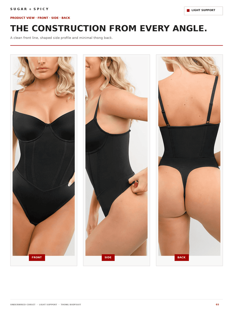 A catalog page showing a black shapewear bodysuit from three angles: front, side, and back. The page has text at the top reading 'THE CONSTRUCTION FROM EVERY ANGLE.