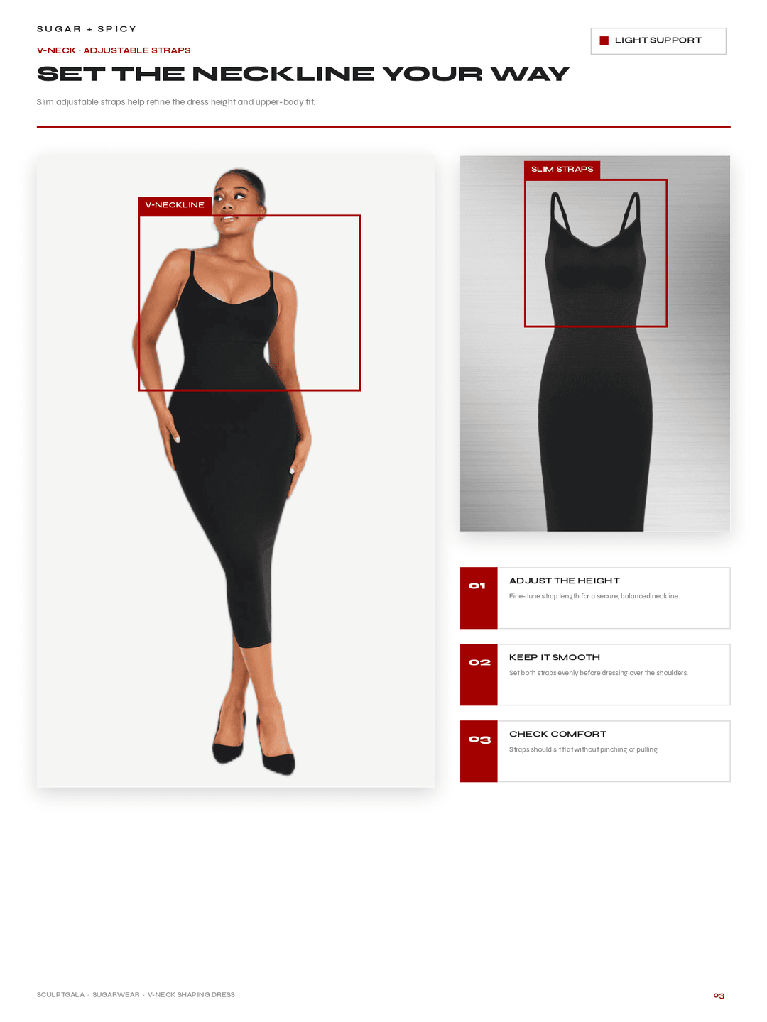 Instructional page for a black spaghetti-strap neck dress, showing a model wearing the dress with red measurement guides and a product close-up, titled &