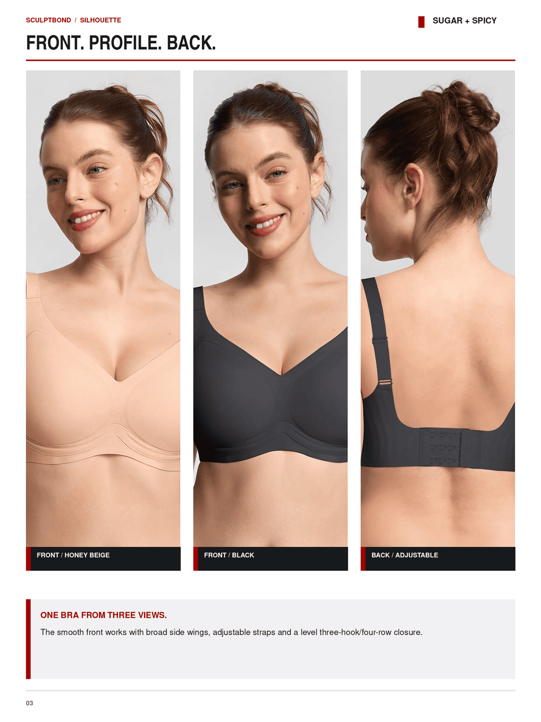 Catalog page showing three views of a smooth one-bra from the front and back on a model. The bra is shown in two colorways: Honey Beige and Black.