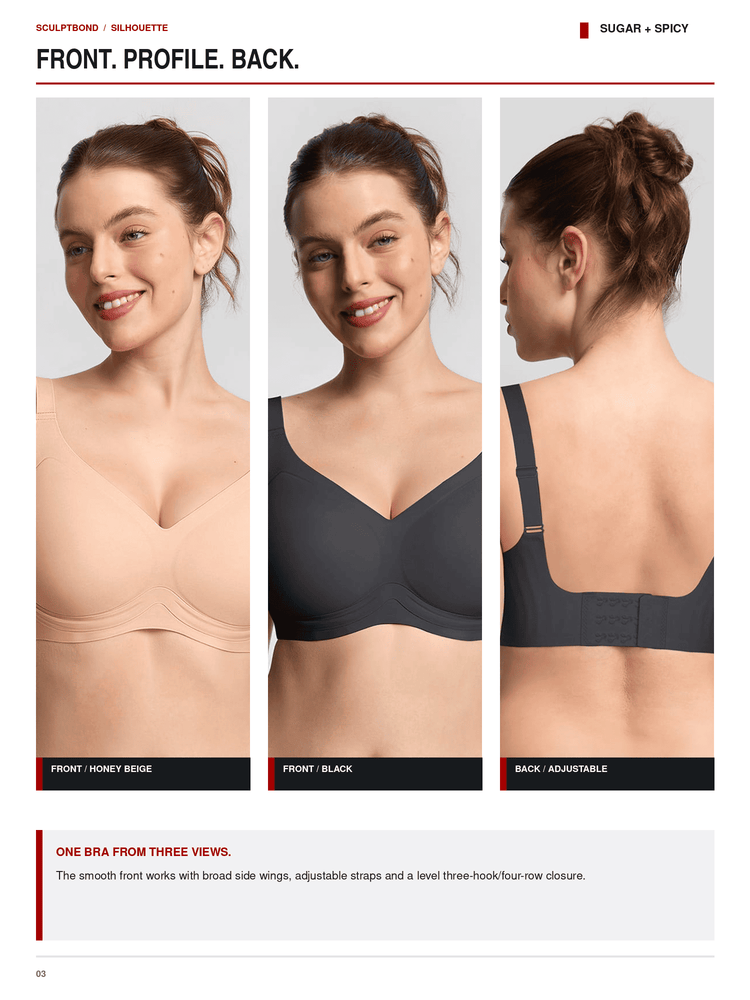 Catalog page showing three views of a smooth one-bra from the front and back on a model. The bra is shown in two colorways: Honey Beige and Black.