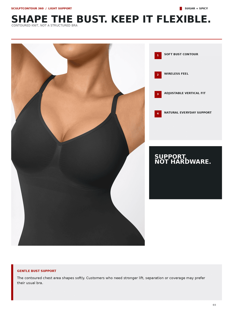A product information page for Sculpt Contour 345 light support underwear. The page features a model wearing the black contoured bra, with text callouts on the right detailing its features (soft bust contour, wireless feel, adjustable vertical fit, natural everyday support) and a black block reading 'SUPPORT.