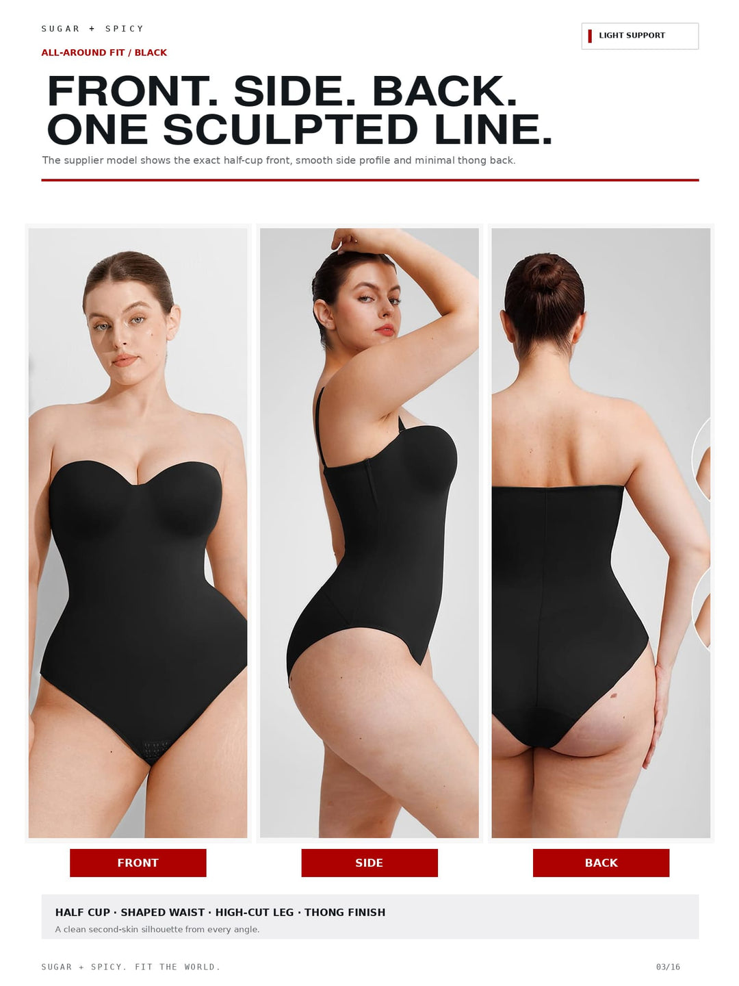 A three-view catalog image showing a model wearing a black strapless one-piece bodysuit from the front, side, and back against a light gray background, with promotional text at the top and bottom.