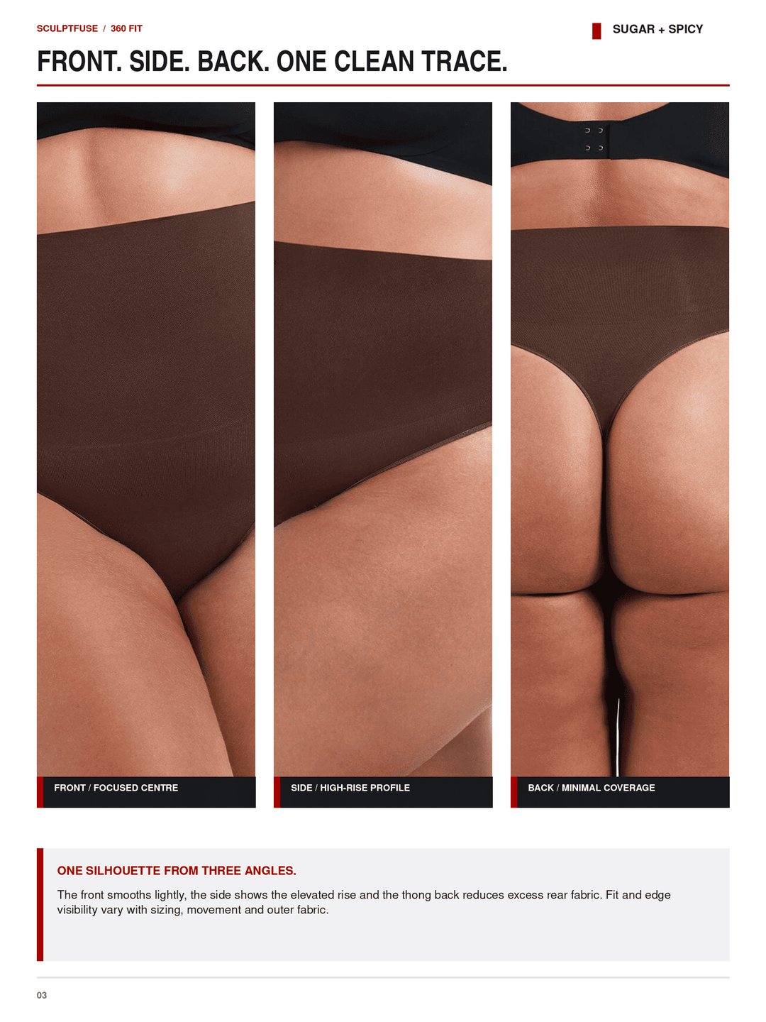 A catalog page showing three side-by-side views of a model wearing a dark brown one-piece underwear or shapewear garment from the front, side, and back. The page includes text describing the fit and angles, with the brand name &
