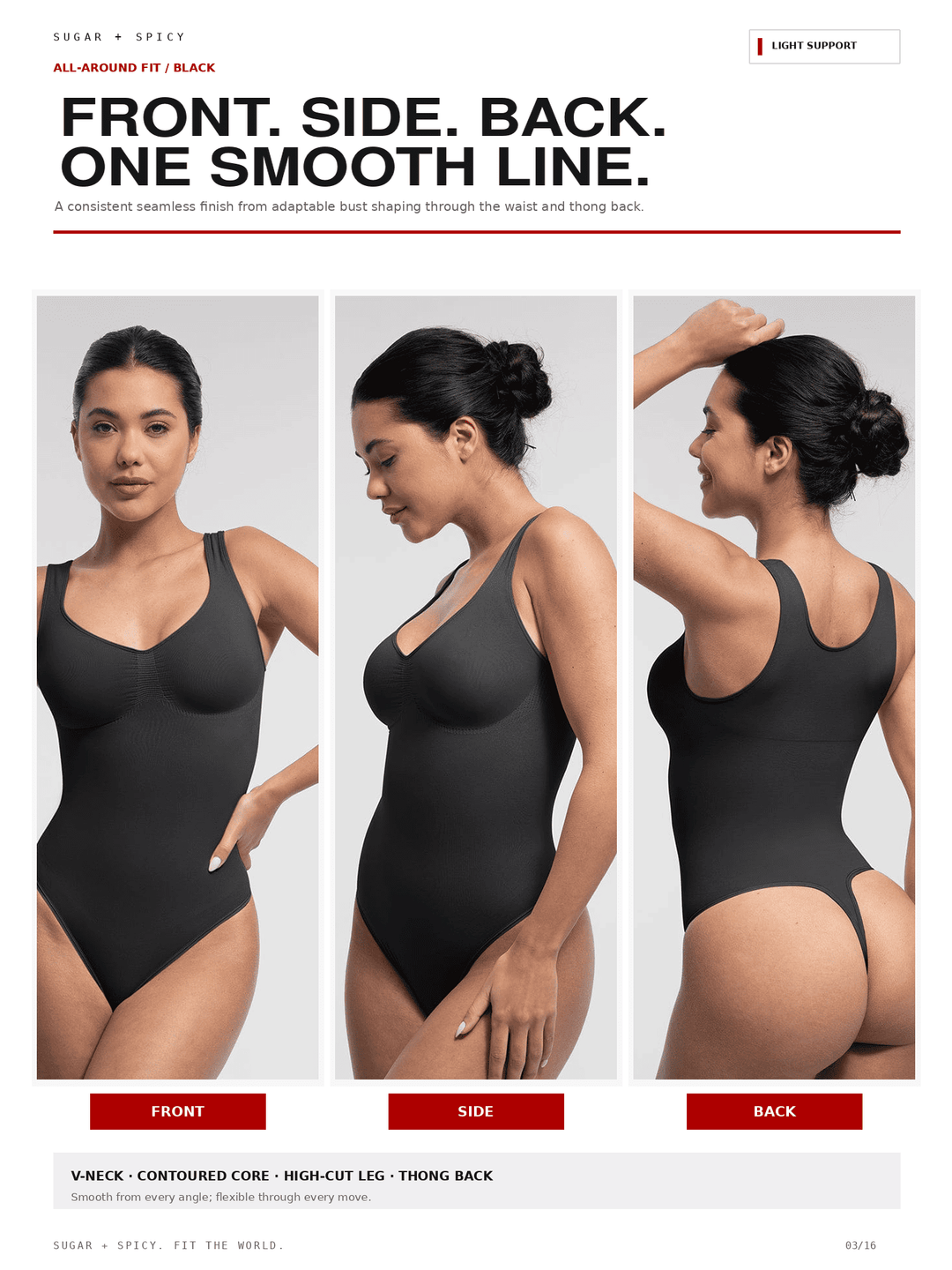 A three-view model photo showing a woman wearing a black one-piece bodysuit from the front, side, and back on a light gray background, with marketing text at the top and bottom.
