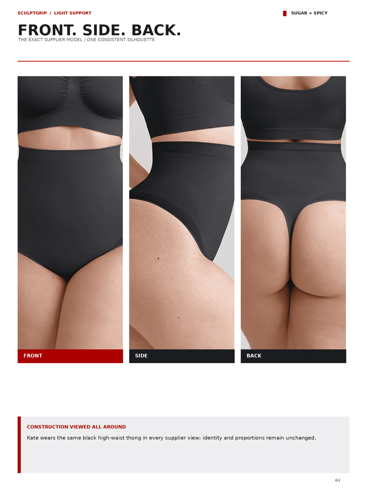 A catalog page showing three vertical panels labeled FRONT, SIDE, and BACK, each featuring a cropped view of a model wearing black high-waisted briefs or underwear. The page includes text headings 'FRONT.