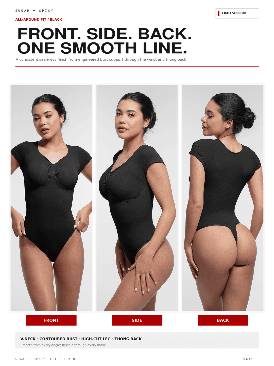A three-panel model photo showing a woman modeling a black short-sleeve bodysuit from the front, side, and back on a light gray studio background. Large text at the top reads &