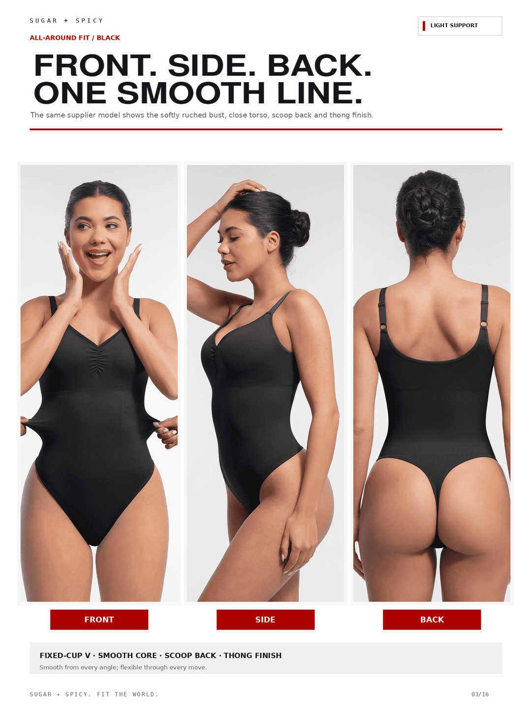 A three-panel model photo showing a black one-piece swimsuit from front, side, and back on a model against a light gray studio background. Large text at the top reads &