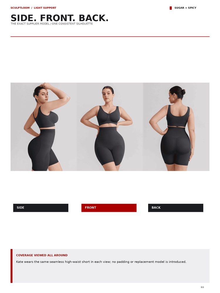 A catalog page showing a black high-waisted athletic set from three angles (side, front, back) on a model, with text labels and color swatches for a 'sugar + spiky' colorway.