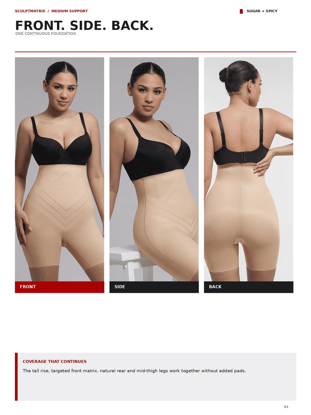 Three-panel product photo showing a model from the front, side, and back wearing a beige continuous shapewear garment over a black bra, on a light gray background. Text at the top reads &