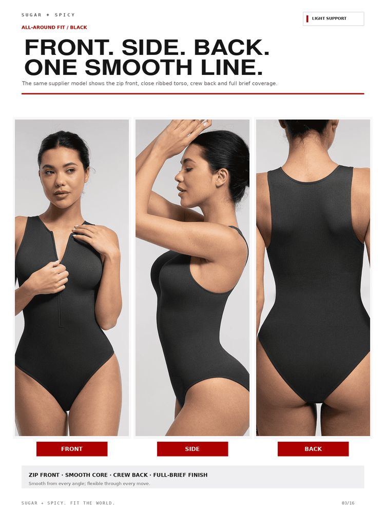 A three-panel studio photo of a woman modeling a black one-piece bodysuit from the front, side, and back. Large text at the top reads 'FRONT.