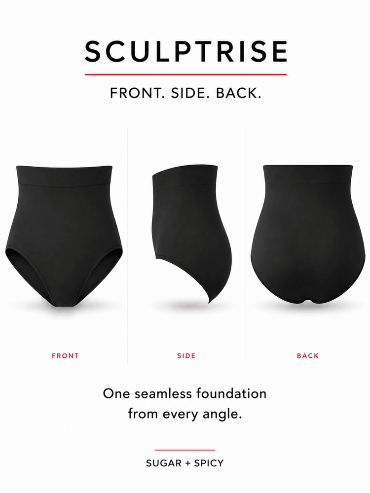 Three views of black high-waisted briefs labeled FRONT, SIDE, and BACK under the brand name SCULPTRISE, with text reading FRONT, SIDE, BACK. and One seamless foundation from every angle.