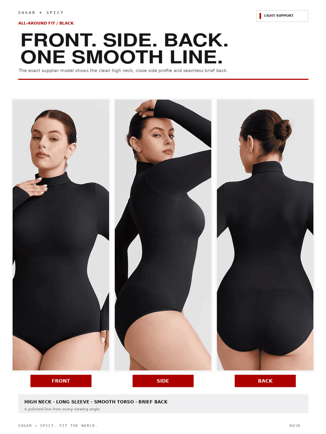 A three-view model photo showing a woman wearing a fitted black long-sleeve high-neck bodysuit from front, side, and back on a light gray background. Large marketing text at the top reads &