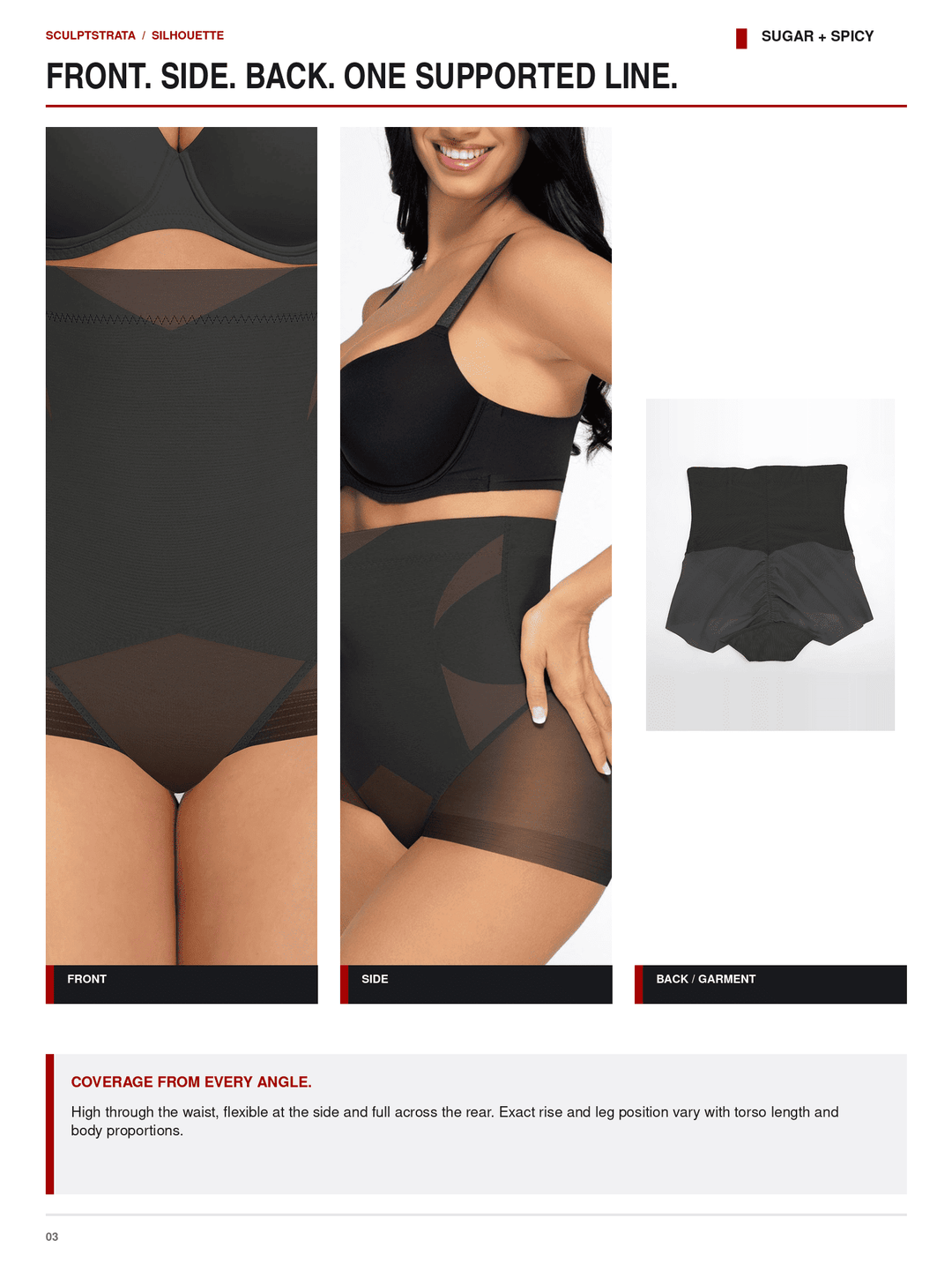 A catalog page showing a black high-waisted compression shapewear set worn by a model, with front, side, and back views. The page includes text describing the product as &