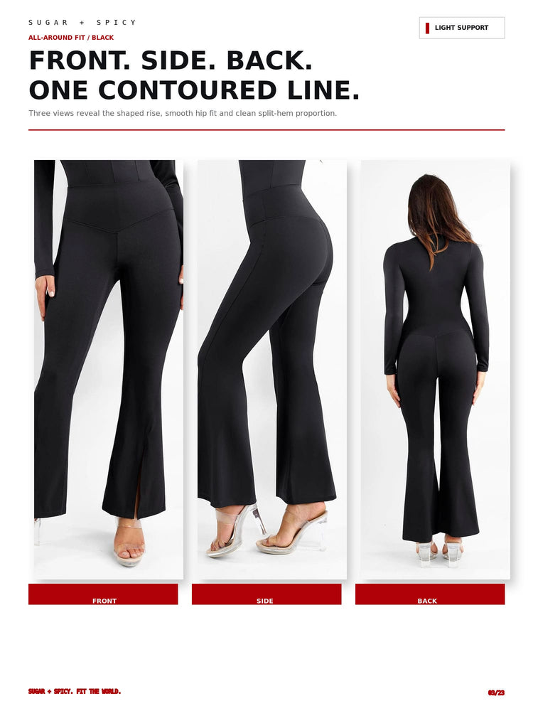 Three-panel catalog image showing a black long-sleeve flared pant from the front, side, and back on a model, with promotional text at the top and red label bars below each view.