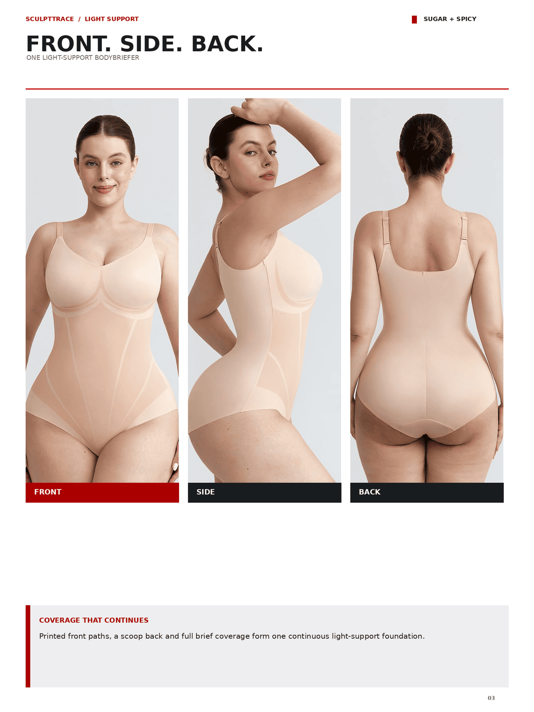 A catalog page showing a model from the front, side, and back wearing a light beige one-shoulder bodysuit. The page includes text labels for front, side, and back views and product details at the top and bottom.