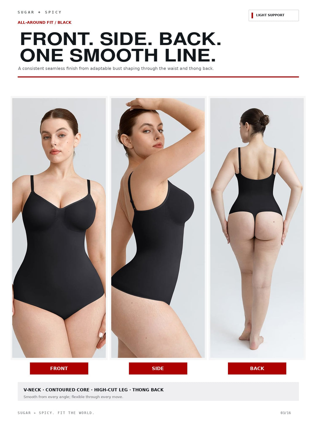 A three-panel model photo showing a black one-piece swimsuit from the front, side, and back on a woman against a light gray studio background. Large text at the top reads &