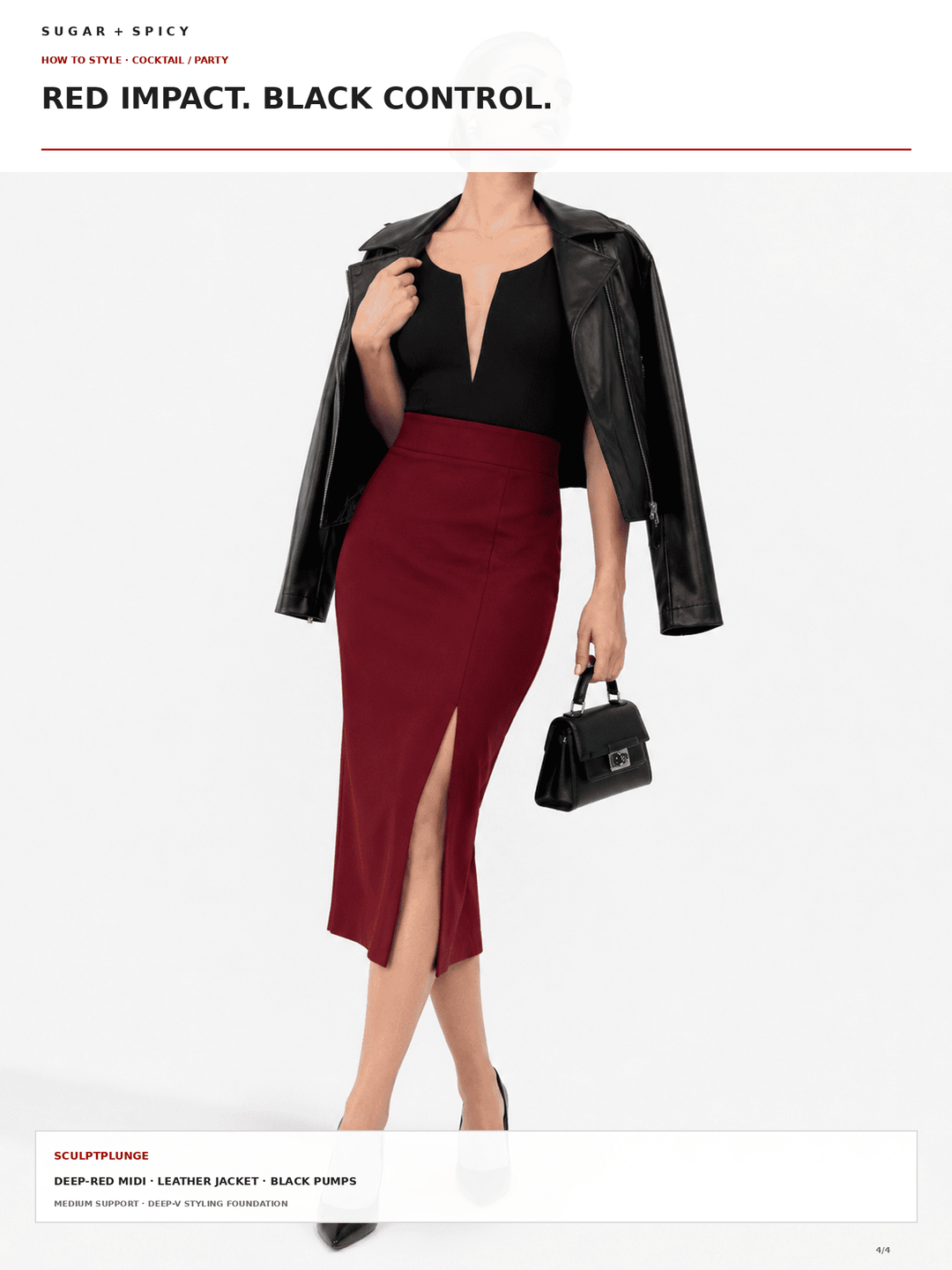 A model is shown from the neck down wearing a deep red midi skirt with a thigh-high slit, a black top, a black leather jacket draped off the shoulders, and holding a black handbag. The image is styled as a fashion editorial page with text overlays.