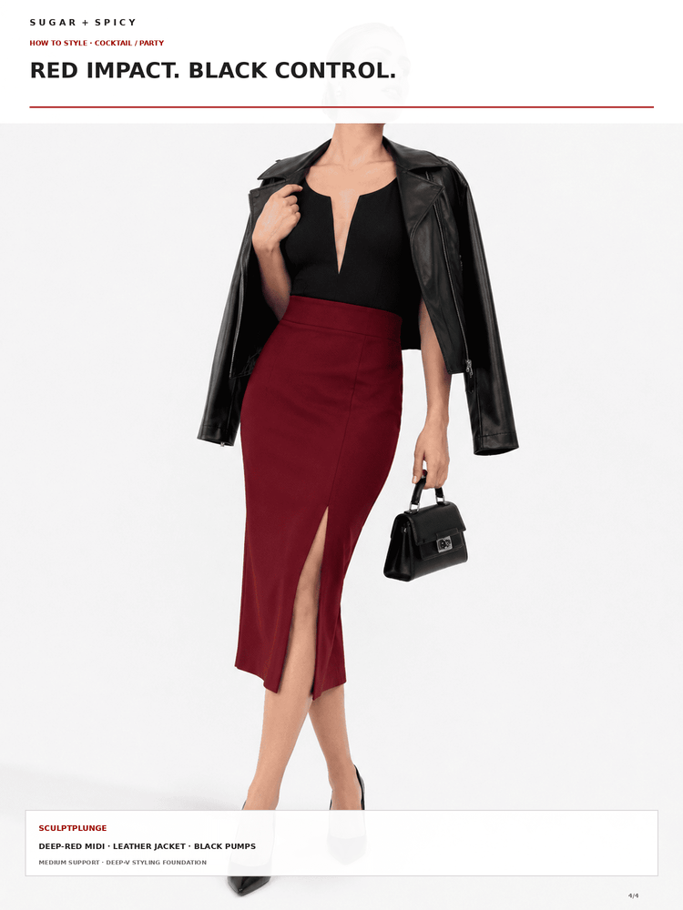 A model is shown from the neck down wearing a deep red midi skirt with a thigh-high slit, a black top, a black leather jacket draped off the shoulders, and holding a black handbag. The image is styled as a fashion editorial page with text overlays.