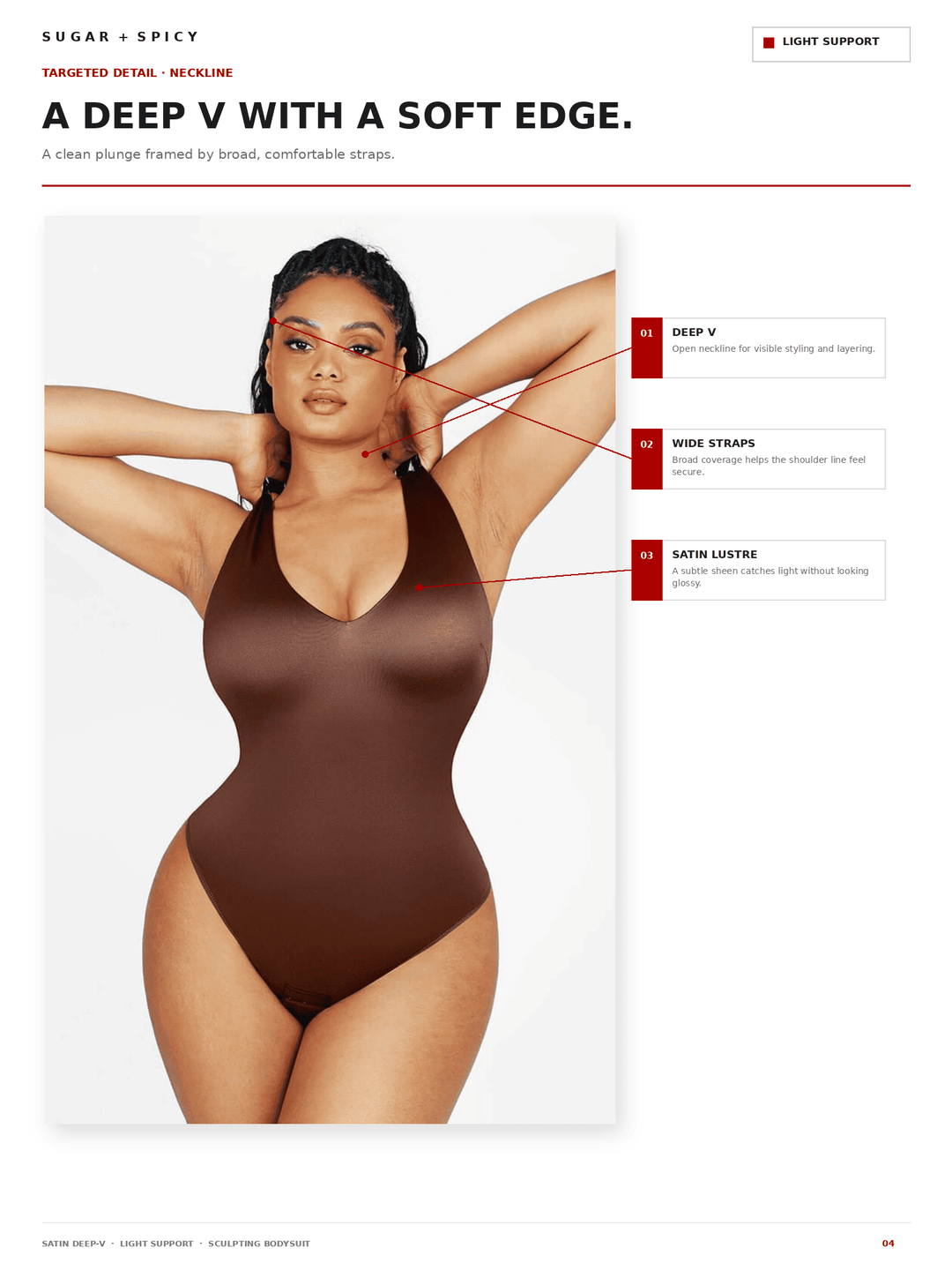 SculptLustre Deep-V Satin Shapewear Thong Bodysuit
