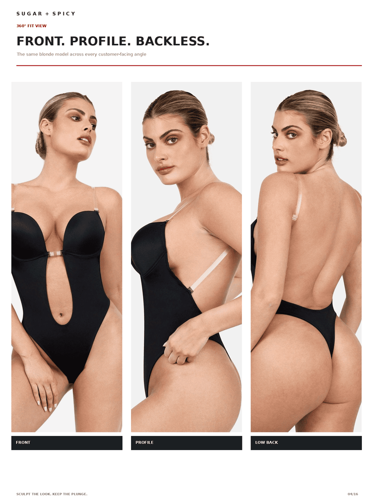 Three-panel editorial photo of a model wearing a black one-piece swimsuit from the front, profile, and low back angles on a white background, with text reading 'FRONT. PROFILE.